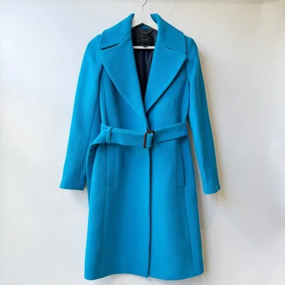 J.Crew Double Cloth Italian Wool Belted long Coat Women’s Size 0 Blue - Picture 2 of 13